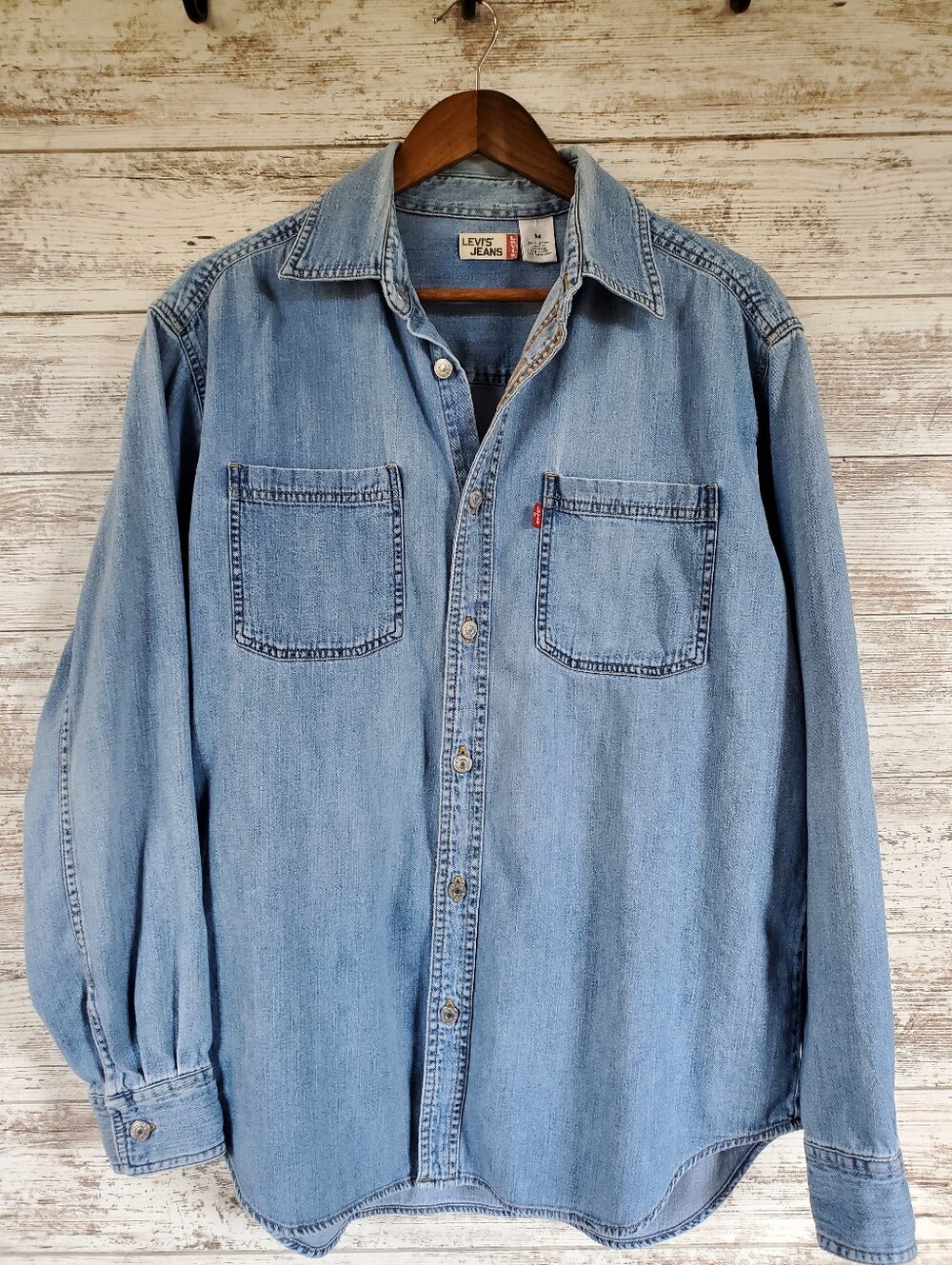 Levi's Red Tab Denim Button Down Shirt Medium Light Wash Long Sleeve VTG 90s